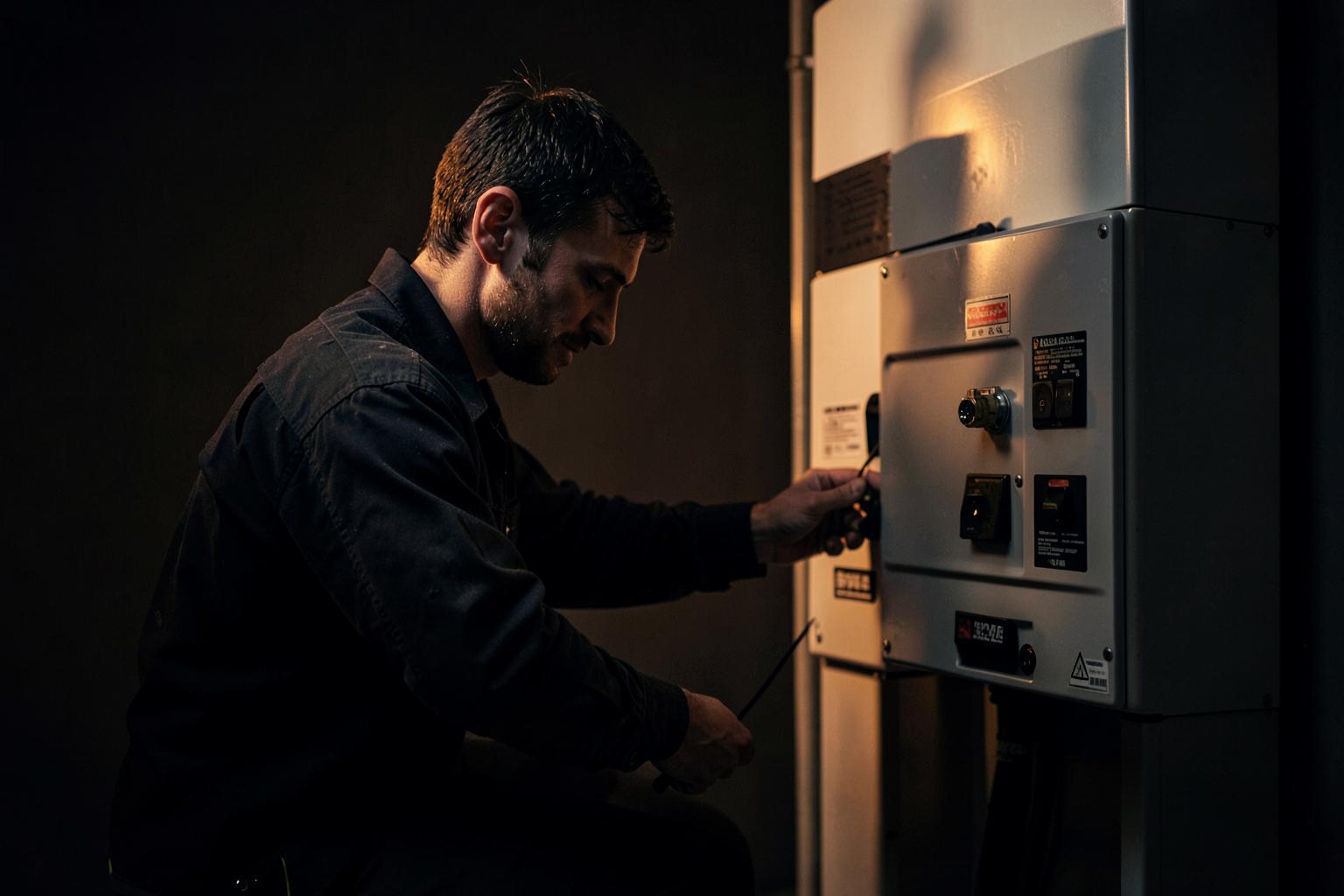Monteur van Noorderveen Installatie werkt aan een installatie